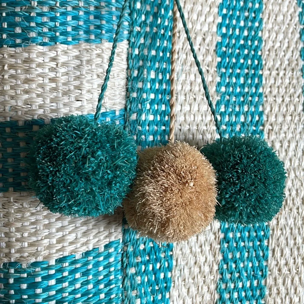 New mar y sol Aqua Tan Striped Woven Sea Grass Leather Handled Tote Beautiful - Picture 3 of 11